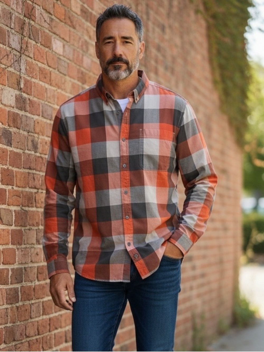 Men's Orange & Gray Plaid Button-Up Shirt